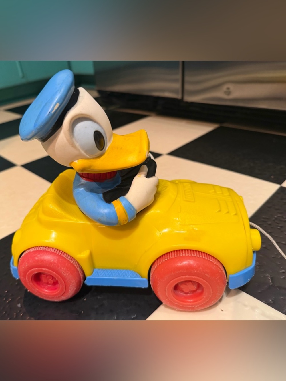 Vintage 1973 Donald Duck Yellow Car Pull Toy- moves head side to side